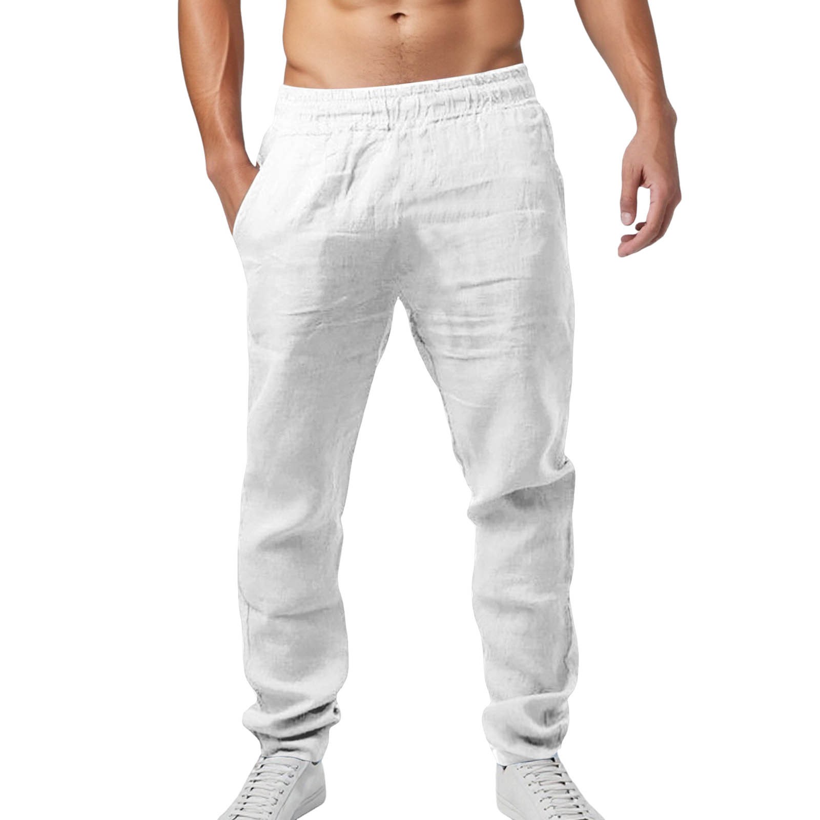 thumbnail image 2 of Pantalones de lino para hombre ligeros de verano: cintura elástica con cordón, pantalones informales de playa, poliéster, tallas S-XXXL para yoga y vacaciones, 2 of 7